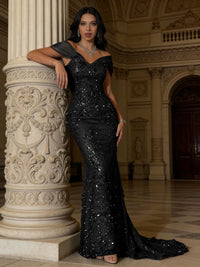 Mermaid Off-Shoulder V-Neck Floor-Length Evening Dresses with Lace Applique