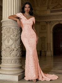Mermaid Off-Shoulder V-Neck Floor-Length Evening Dresses with Lace Applique