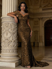 Mermaid Off-Shoulder V-Neck Floor-Length Evening Dresses with Lace Applique