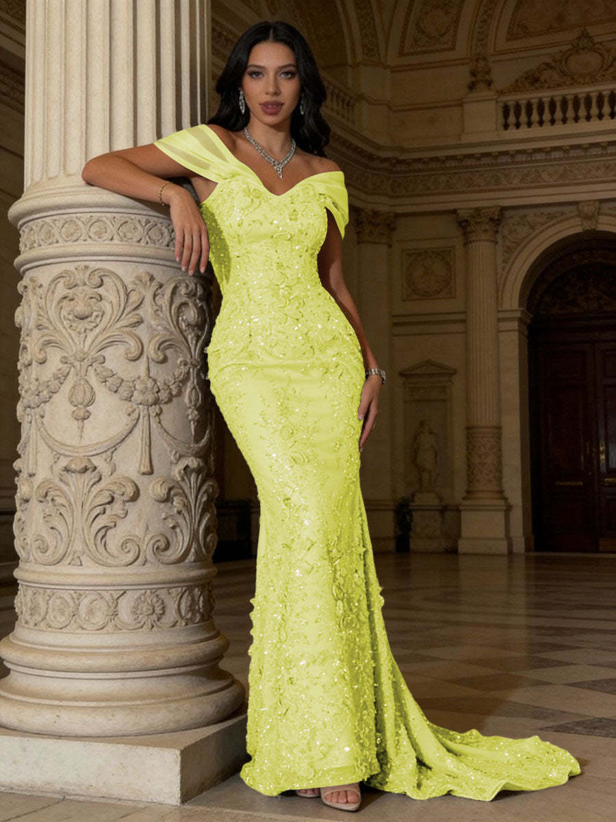 Mermaid Off-Shoulder V-Neck Floor-Length Evening Dresses with Lace Applique