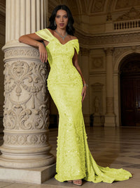 Mermaid Off-Shoulder V-Neck Floor-Length Evening Dresses with Lace Applique