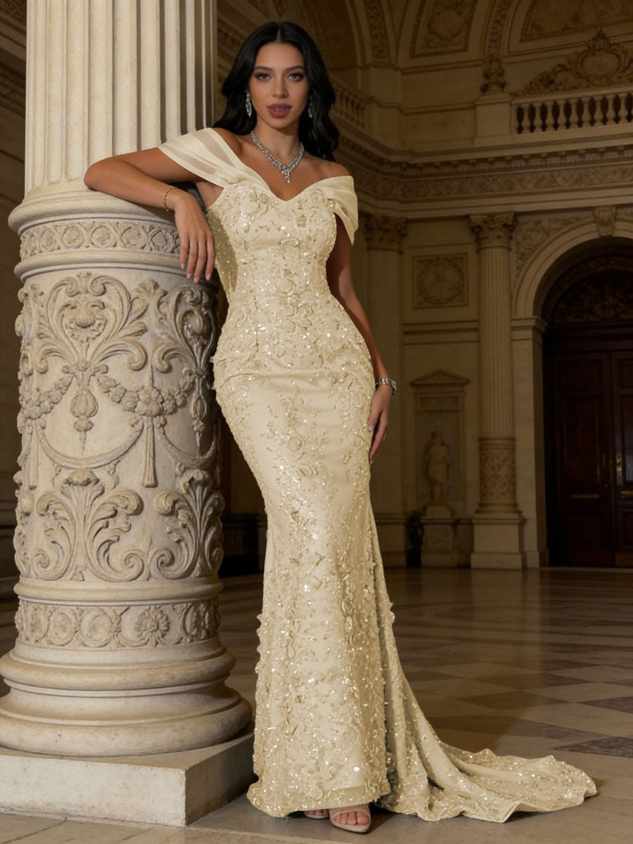 Mermaid Off-Shoulder V-Neck Floor-Length Evening Dresses with Lace Applique
