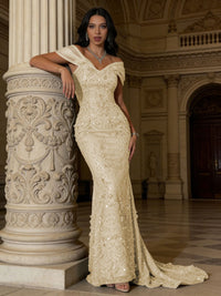 Mermaid Off-Shoulder V-Neck Floor-Length Evening Dresses with Lace Applique