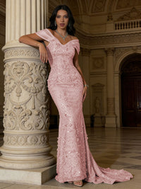 Mermaid Off-Shoulder V-Neck Floor-Length Evening Dresses with Lace Applique