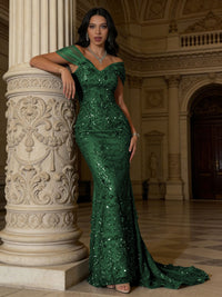 Mermaid Off-Shoulder V-Neck Floor-Length Evening Dresses with Lace Applique