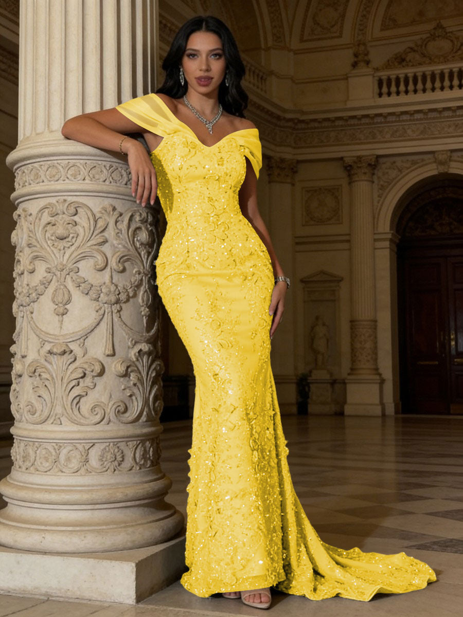 Mermaid Off-Shoulder V-Neck Floor-Length Evening Dresses with Lace Applique