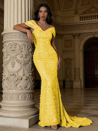 Mermaid Off-Shoulder V-Neck Floor-Length Evening Dresses with Lace Applique