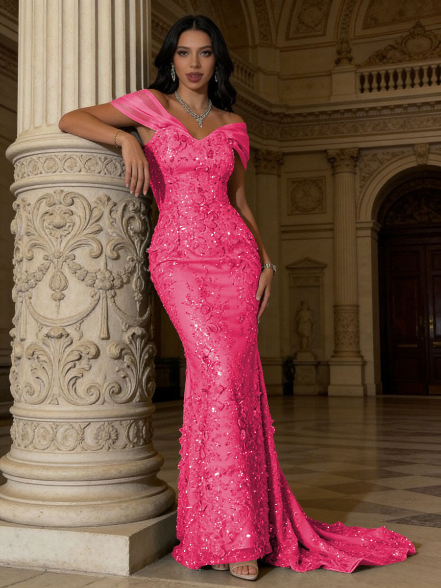 Mermaid Off-Shoulder V-Neck Floor-Length Evening Dresses with Lace Applique