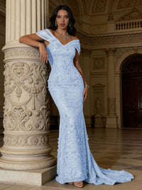 Mermaid Off-Shoulder V-Neck Floor-Length Evening Dresses with Lace Applique