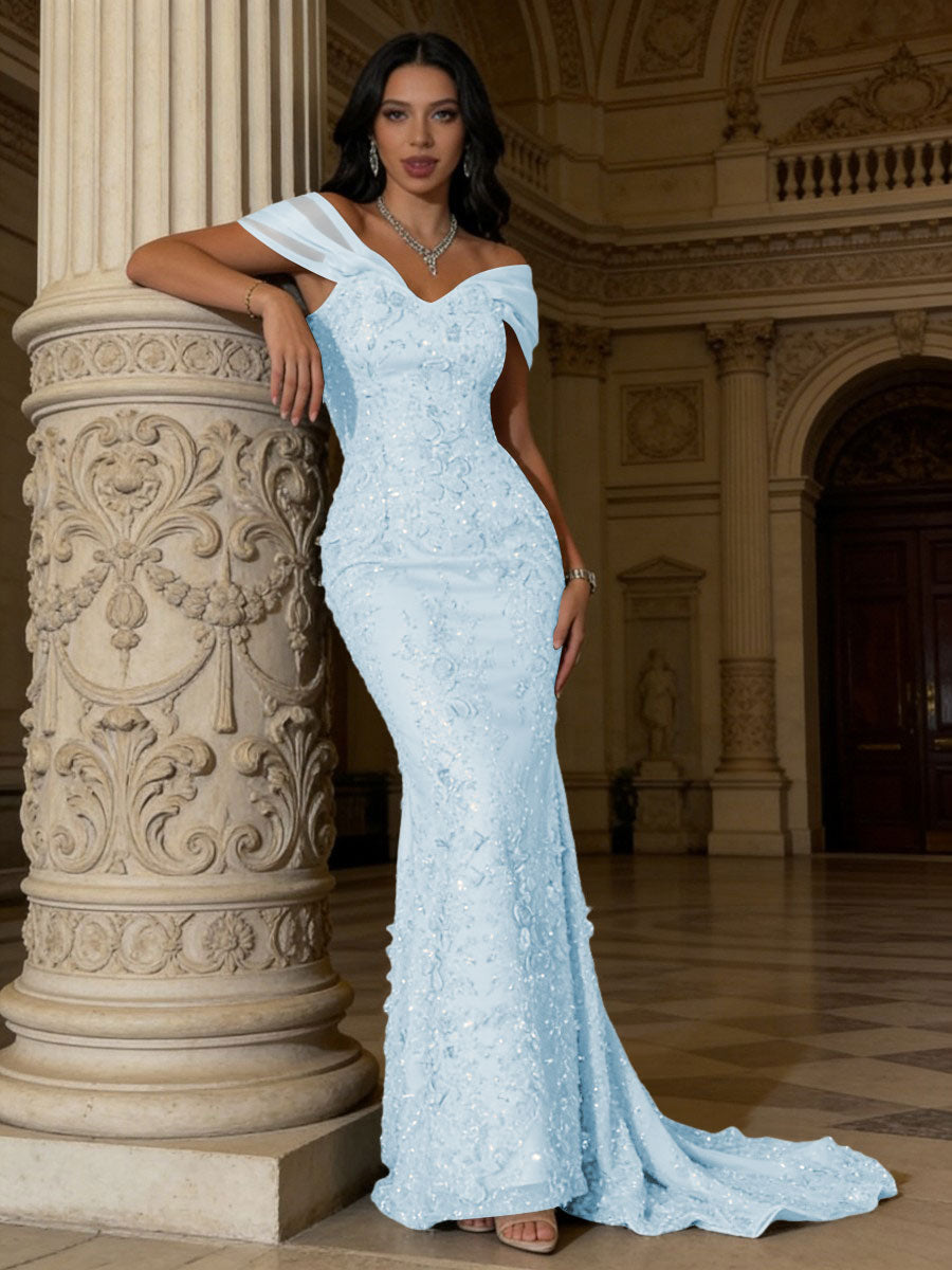 Mermaid Off-Shoulder V-Neck Floor-Length Evening Dresses with Lace Applique