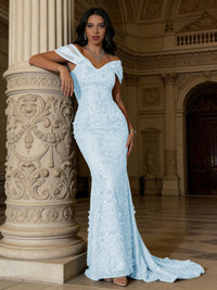 Mermaid Off-Shoulder V-Neck Floor-Length Evening Dresses with Lace Applique