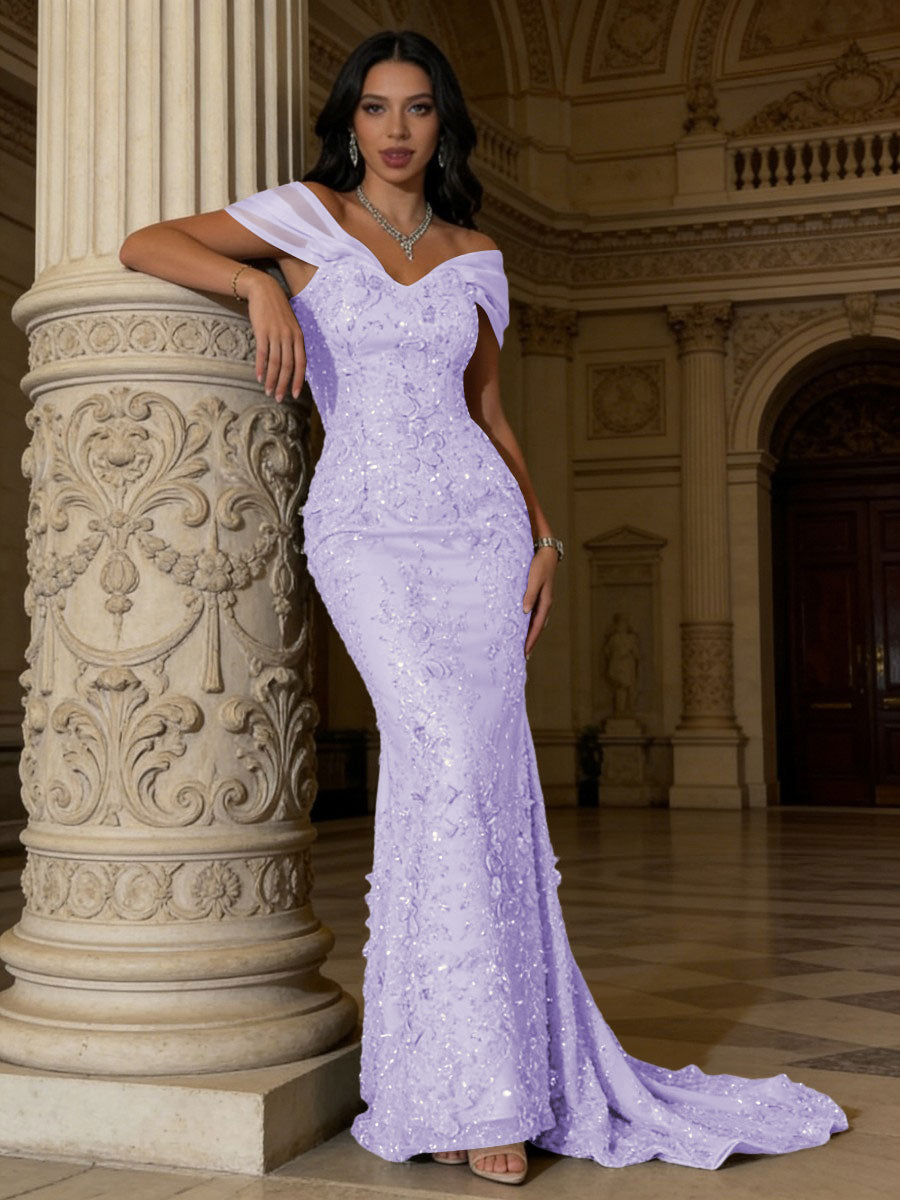Mermaid Off-Shoulder V-Neck Floor-Length Evening Dresses with Lace Applique