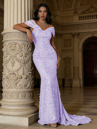 Mermaid Off-Shoulder V-Neck Floor-Length Evening Dresses with Lace Applique