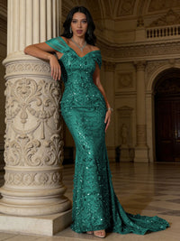 Mermaid Off-Shoulder V-Neck Floor-Length Evening Dresses with Lace Applique
