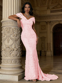 Mermaid Off-Shoulder V-Neck Floor-Length Evening Dresses with Lace Applique
