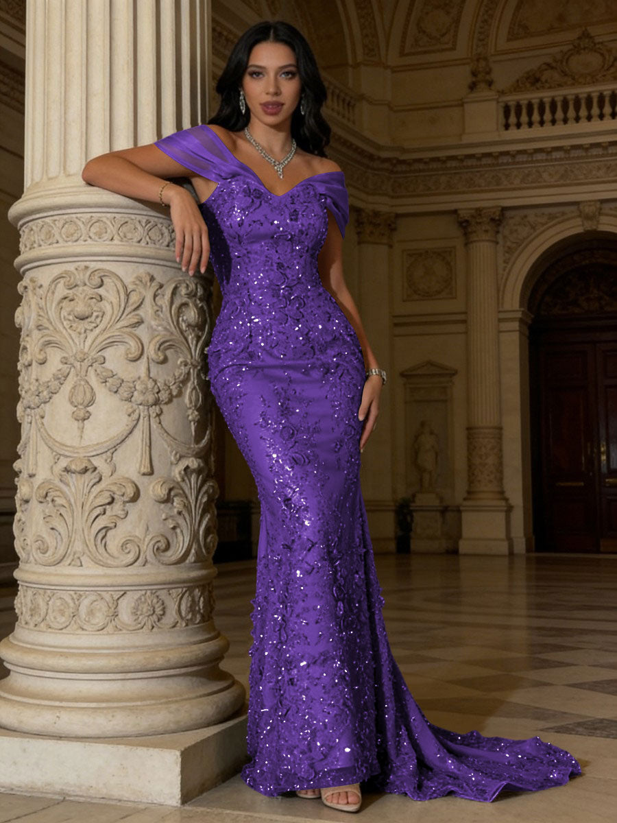Mermaid Off-Shoulder V-Neck Floor-Length Evening Dresses with Lace Applique
