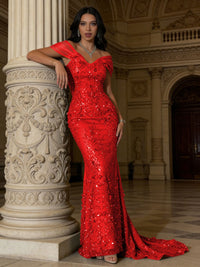 Mermaid Off-Shoulder V-Neck Floor-Length Evening Dresses with Lace Applique