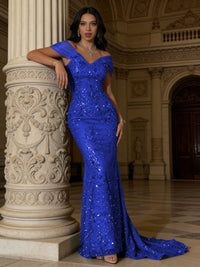 Mermaid Off-Shoulder V-Neck Floor-Length Evening Dresses with Lace Applique