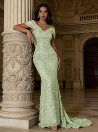 Mermaid Off-Shoulder V-Neck Floor-Length Evening Dresses with Lace Applique