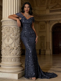 Mermaid Off-Shoulder V-Neck Floor-Length Evening Dresses with Lace Applique
