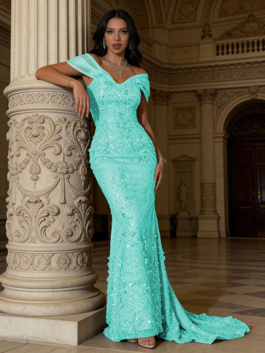 Mermaid Off-Shoulder V-Neck Floor-Length Evening Dresses with Lace Applique