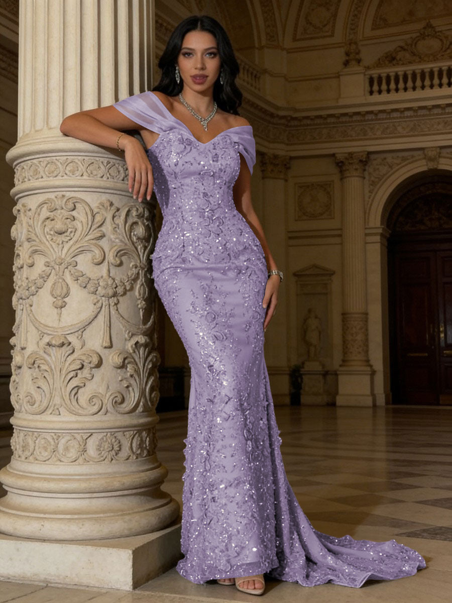 Mermaid Off-Shoulder V-Neck Floor-Length Evening Dresses with Lace Applique
