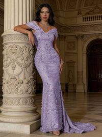 Mermaid Off-Shoulder V-Neck Floor-Length Evening Dresses with Lace Applique