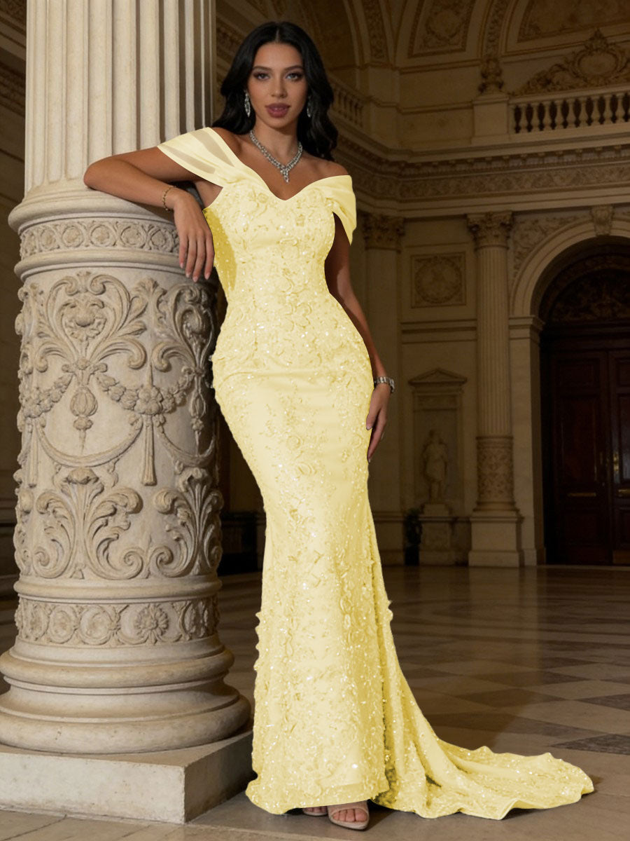 Shirees Yellow Mermaid Off-Shoulder V-Neck Floor-Length Evening Dresses with Lace Applique 2026