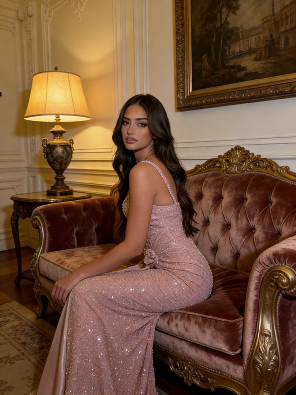 Sparkly Sequin Mermaid Spaghetti Strap Sweetheart Floor-Length Prom Dresses with 3D Flower