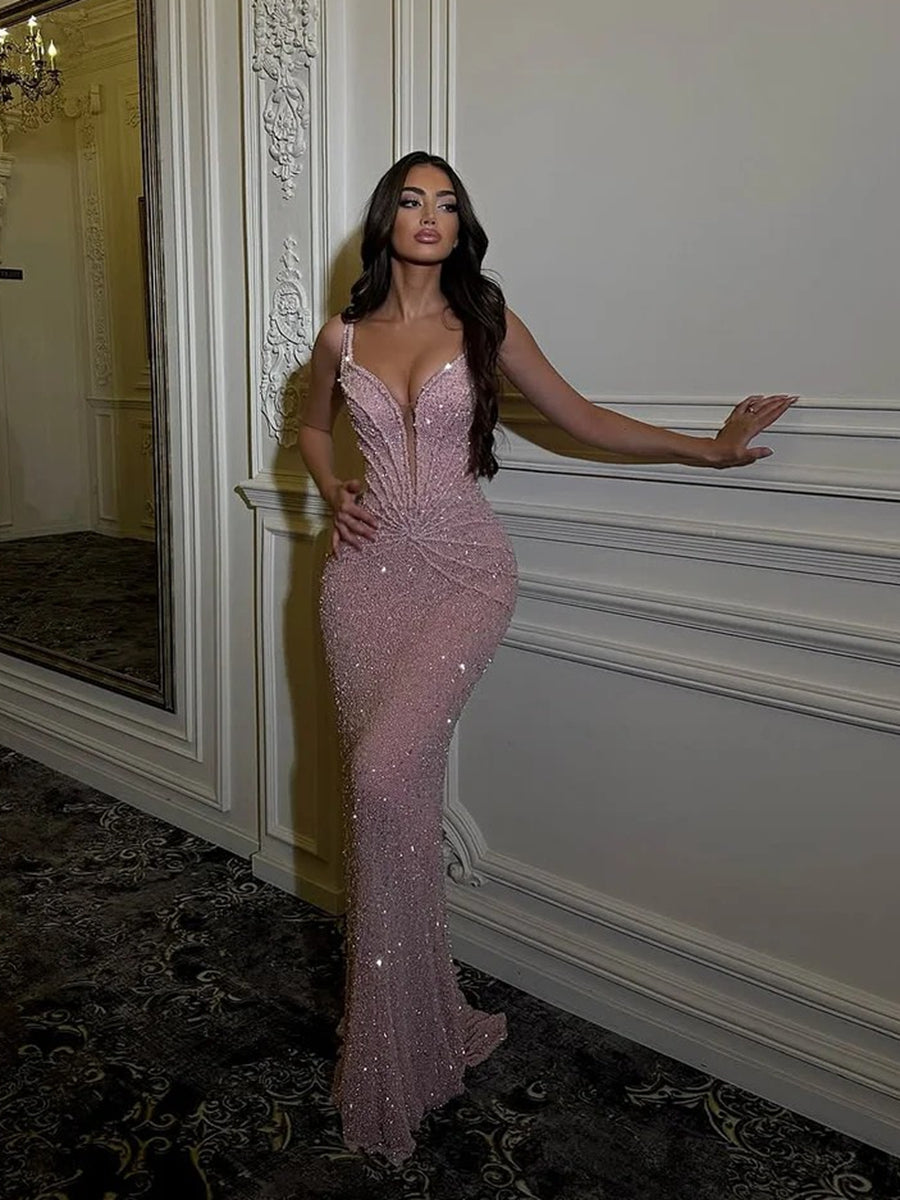 Sparkly Sequin Mermaid Spaghetti Strap Sweetheart Floor-Length Evening Dresses with 3D Flower