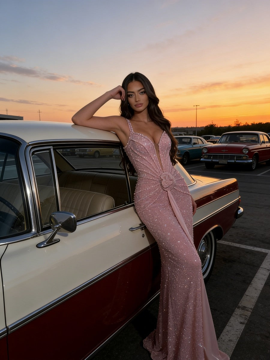 Sparkly Sequin Mermaid Spaghetti Strap Sweetheart Floor-Length Evening Dresses with 3D Flower