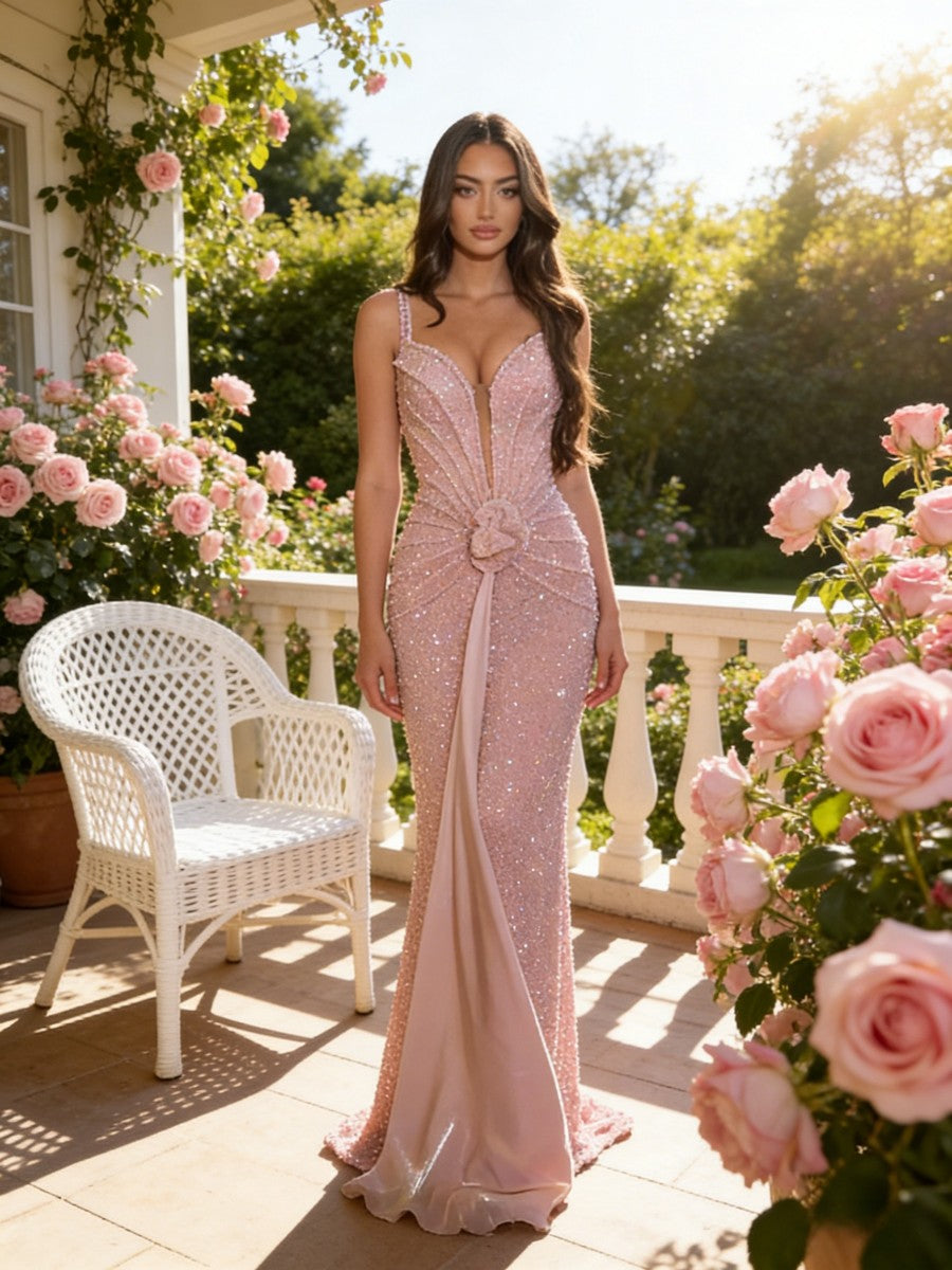 Sparkly Sequin Mermaid Spaghetti Strap Sweetheart Floor-Length Evening Dresses with 3D Flower