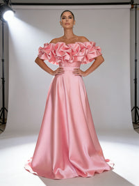 Puffy Off-Shoulder Satin A-Line Floor-Length Formal Evening Dress Ball Gown