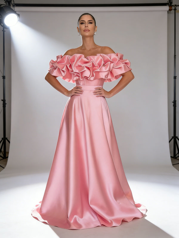 Puffy Off-Shoulder Satin A-Line Floor-Length Formal Evening Dress Ball Gown