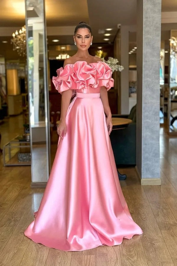 Puffy Off-Shoulder Satin A-Line Floor-Length Formal Evening Dress Ball Gown