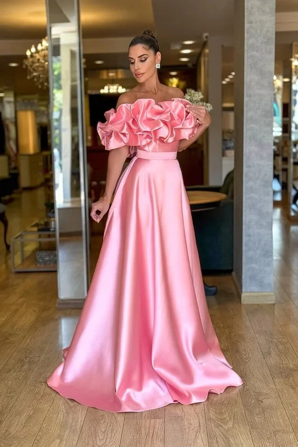 Puffy Off-Shoulder Satin A-Line Floor-Length Formal Evening Dress Ball Gown