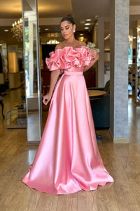 Puffy Off-Shoulder Satin A-Line Floor-Length Formal Evening Dress Ball Gown