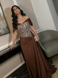 A-Line Off-Shoulder Sweetheart Floor-Length Evening Dresses with Sequin & Satin