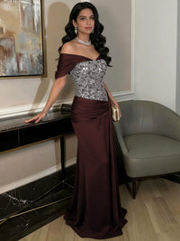 A-Line Off-Shoulder Sweetheart Floor-Length Evening Dresses with Sequin & Satin