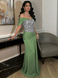 A-Line Off-Shoulder Sweetheart Floor-Length Evening Dresses with Sequin & Satin