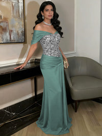 A-Line Off-Shoulder Sweetheart Floor-Length Evening Dresses with Sequin & Satin
