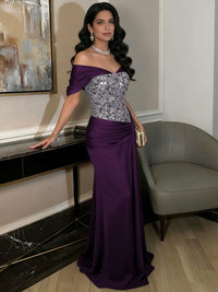 A-Line Off-Shoulder Sweetheart Floor-Length Evening Dresses with Sequin & Satin
