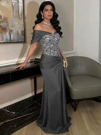 A-Line Off-Shoulder Sweetheart Floor-Length Evening Dresses with Sequin & Satin
