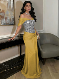 A-Line Off-Shoulder Sweetheart Floor-Length Evening Dresses with Sequin & Satin
