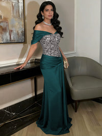 A-Line Off-Shoulder Sweetheart Floor-Length Evening Dresses with Sequin & Satin