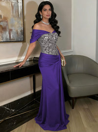 A-Line Off-Shoulder Sweetheart Floor-Length Evening Dresses with Sequin & Satin