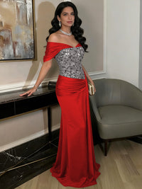 A-Line Off-Shoulder Sweetheart Floor-Length Evening Dresses with Sequin & Satin