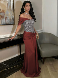 A-Line Off-Shoulder Sweetheart Floor-Length Evening Dresses with Sequin & Satin