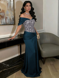 A-Line Off-Shoulder Sweetheart Floor-Length Evening Dresses with Sequin & Satin