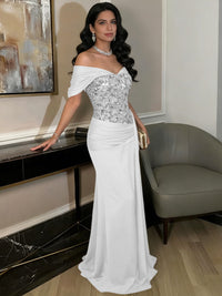 A-Line Off-Shoulder Sweetheart Floor-Length Evening Dresses with Sequin & Satin